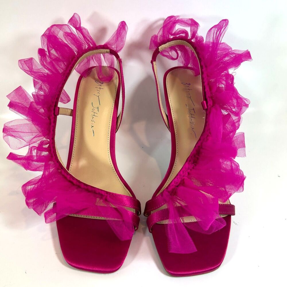 Betsy Johnson SB-Devon Size 8 Tulle Ruffle Slingback Heels Hot Pink Green - Picture 2 of 11